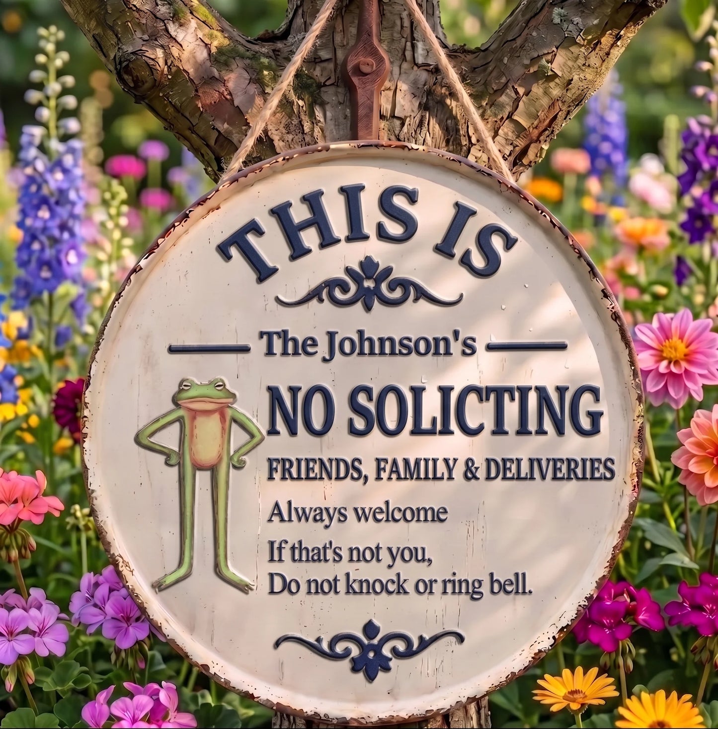 Personalized No Soliciting Sign — Custom Family Name, Funny Frog Door & Garden Decor