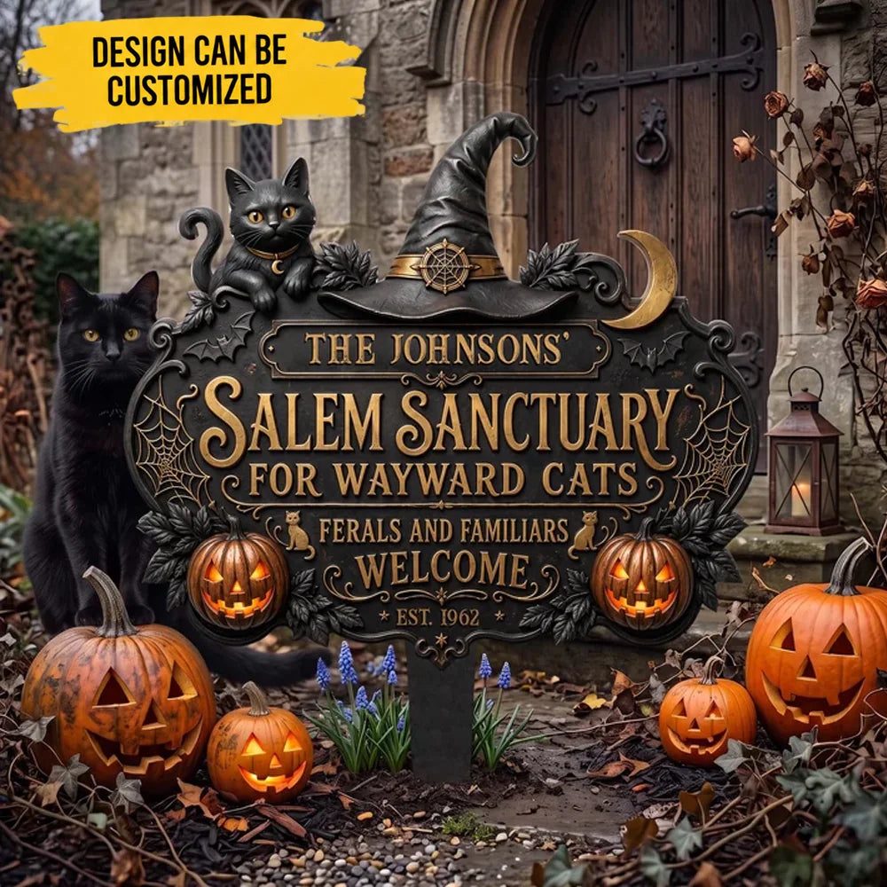 Custom Garden Stake - Personalized Salem Sanctuary Wayward Cats Family Name & Year Outdoor Sign - For Halloween & Cat Lover Gifts