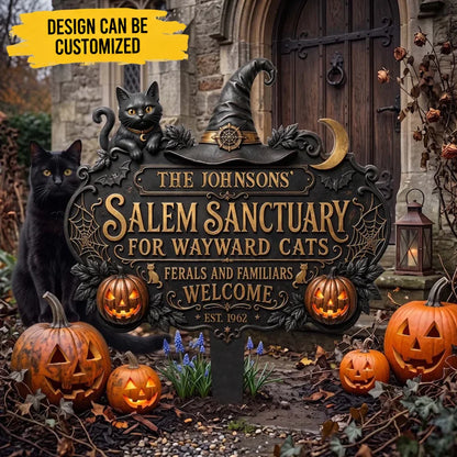 Custom Garden Stake - Personalized Salem Sanctuary Wayward Cats Family Name & Year Outdoor Sign - For Halloween & Cat Lover Gifts