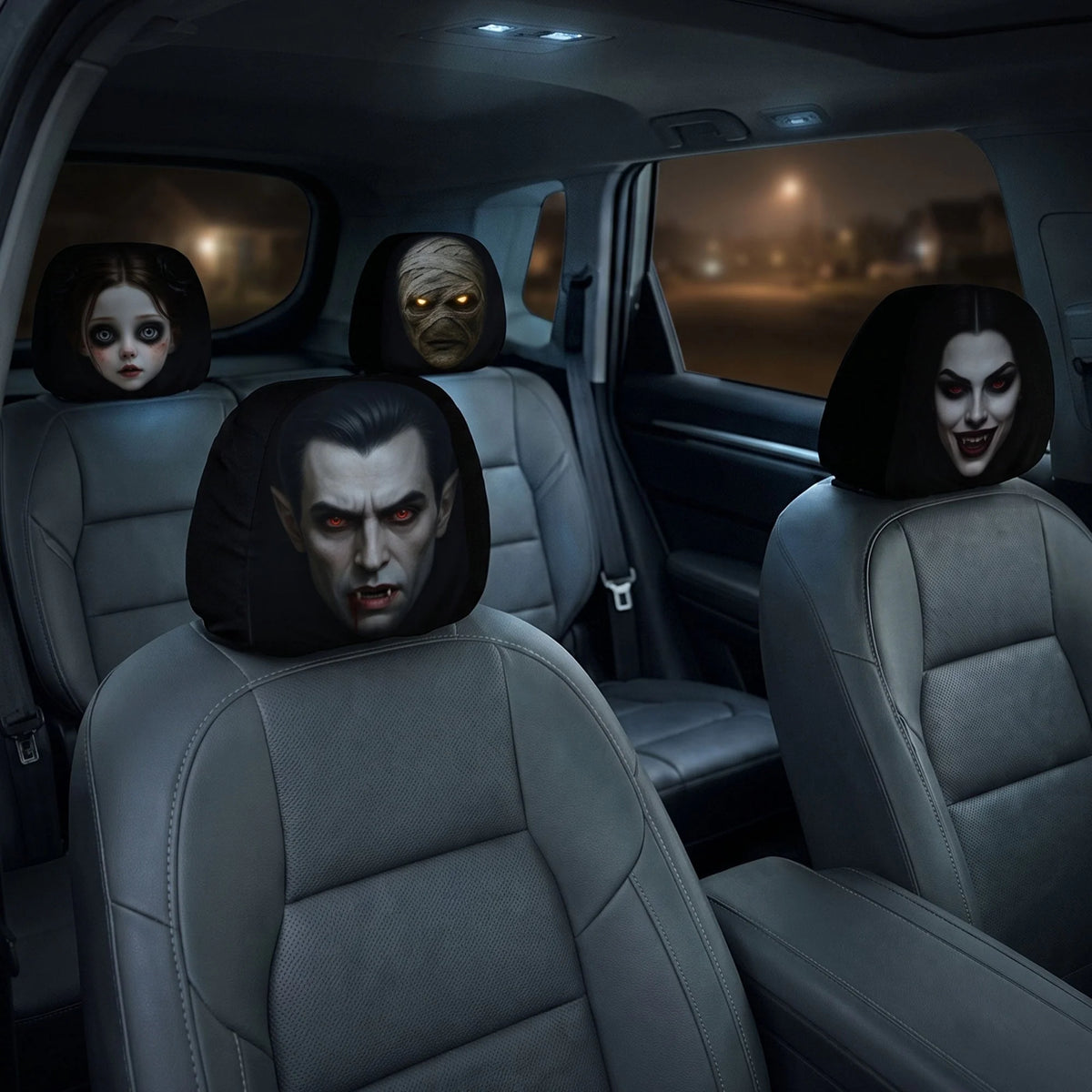 Custom Car Headrest Covers - Personalized Halloween Decor Birthday Gifts For Mom, Dad, Brother, Sister - Halloween Horror Passenger
