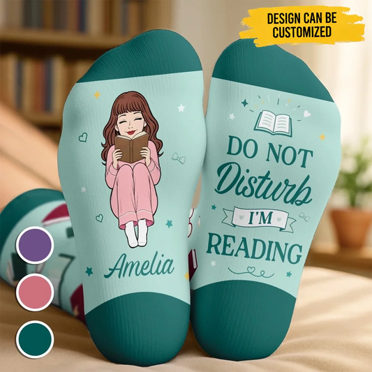 Custom Crew Socks - Personalized Do Not Disturb I'm Reading Book Lover Gift For Readers, Book Worms, Library Lovers - My Reading Sanctuary