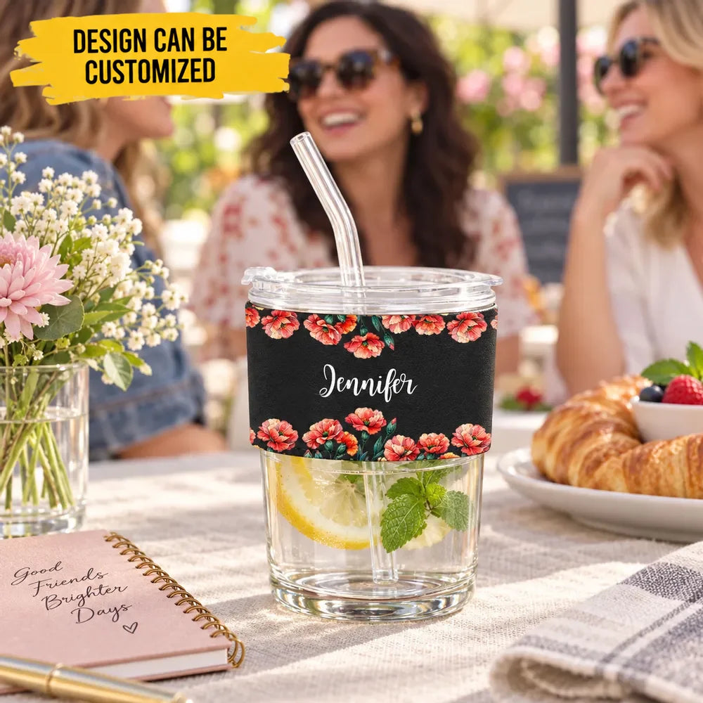 Personalized Leather Glass Cup - Custom Birthmonth Flower Name Tumbler For Women, Girls, Best Friends - My Floral Birthday Cup