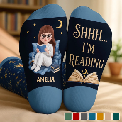 Custom Shh I'm Reading Crew Socks - Personalized Bookish Gifts For Book Lovers, Bookworms, Readers - I'm Booked