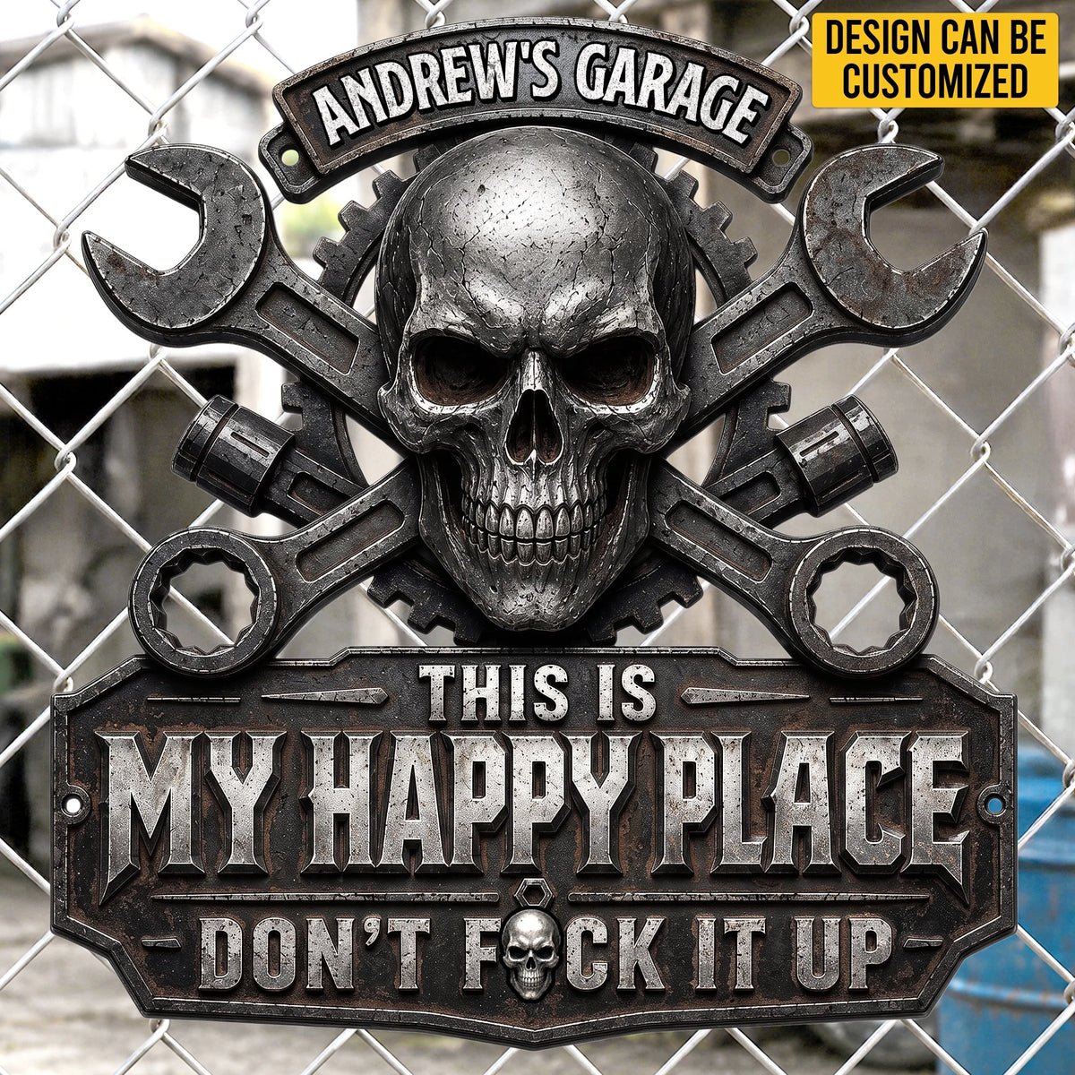 Custom Shaped Skull Wrench Garage Metal Sign - Personalized Name Wall Decor, This Is My Happy Place Sign, Birthday Gift for Husband Dad Grandpa Son Brother