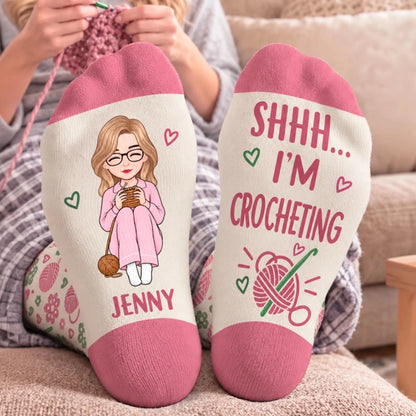 Custom Yarn Crew Socks - Personalized Birthday Gifts For Crochet Knitting Lovers, Crocheters, Knitters, Wife, Daughter, Besties, Sisters, Granddaughter, Grandma, Mom, Yourself - Just One More Row Today