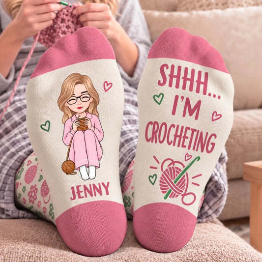 Custom Yarn Crew Socks - Personalized Birthday Gifts For Crochet Knitting Lovers, Crocheters, Knitters, Wife, Daughter, Besties, Sisters, Granddaughter, Grandma, Mom, Yourself - Just One More Row Today