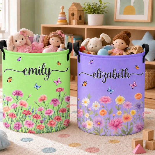 Custom Birth Month Flower Laundry Basket - Personalized Birthday Gifts For Mom, Dad, Brother, Sister, Kids - Blooming With Happiness
